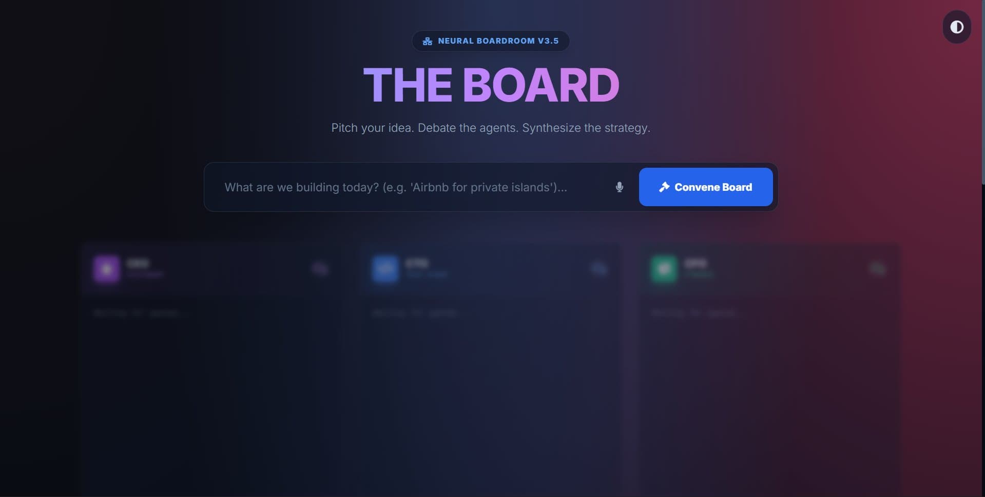 AI Boardroom hero screen — pitch your idea, debate the agents