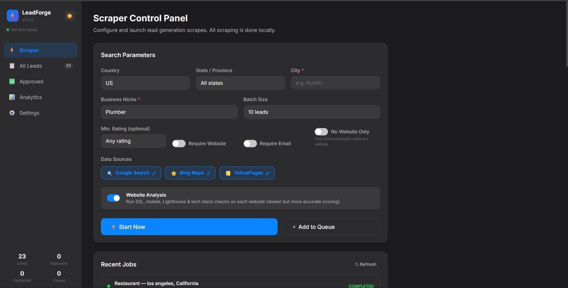 LeadForge scraper control panel showing lead generation parameters
