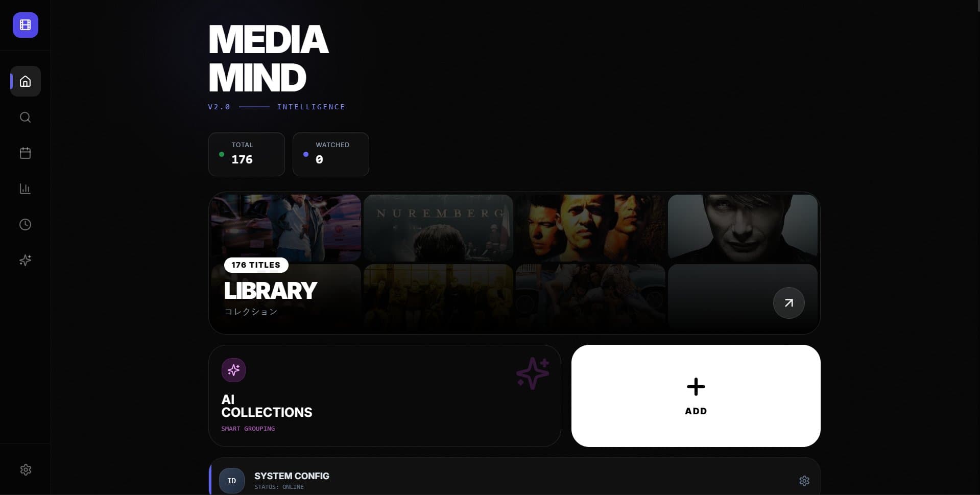 MediaMind library dashboard showing 176 titles with AI collections