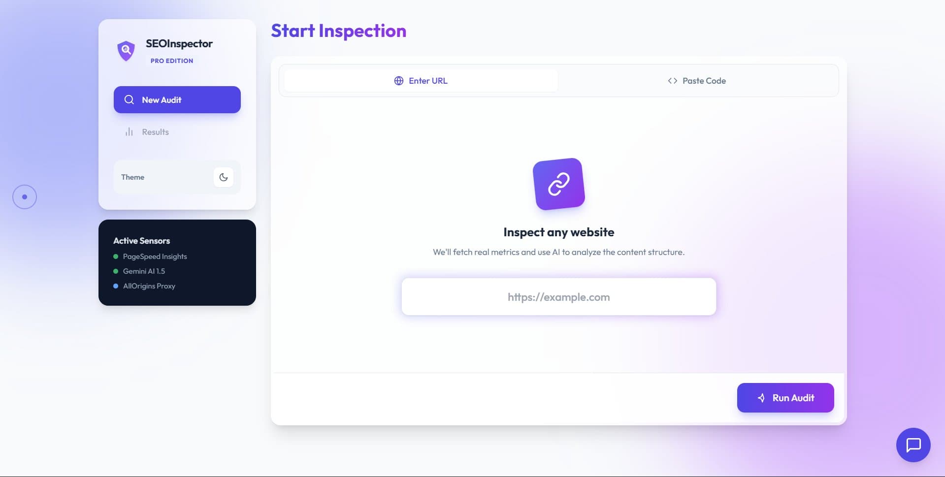 SEO Inspector audit interface with active sensor integrations